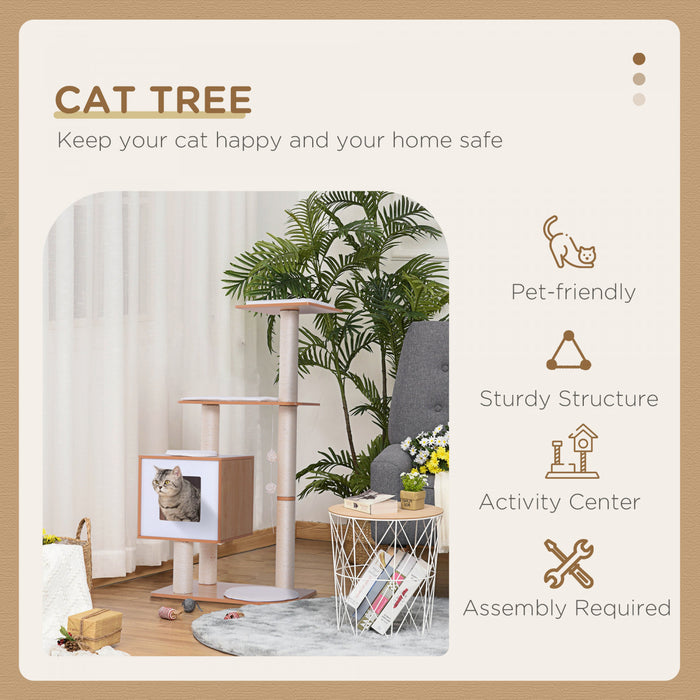 Pawhut 47\" Wood Cat Tree, Cat Condo Tower With Scratching Post, Toy Ball, Natural Wood