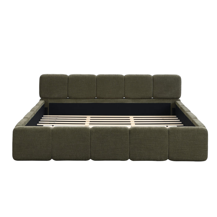 Toby Linen Upholstered Platform Bed with Thickened Headboard and Footboard,King Size,Green King Bed