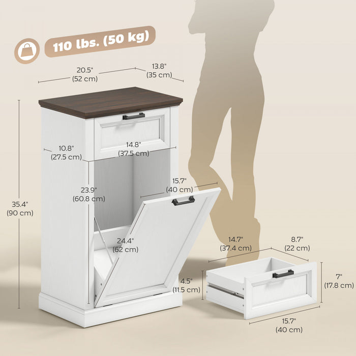 HOMCOM Tilt Out Trash Cabinet 10 Gal Trash Can Cabinet with Drawer White
