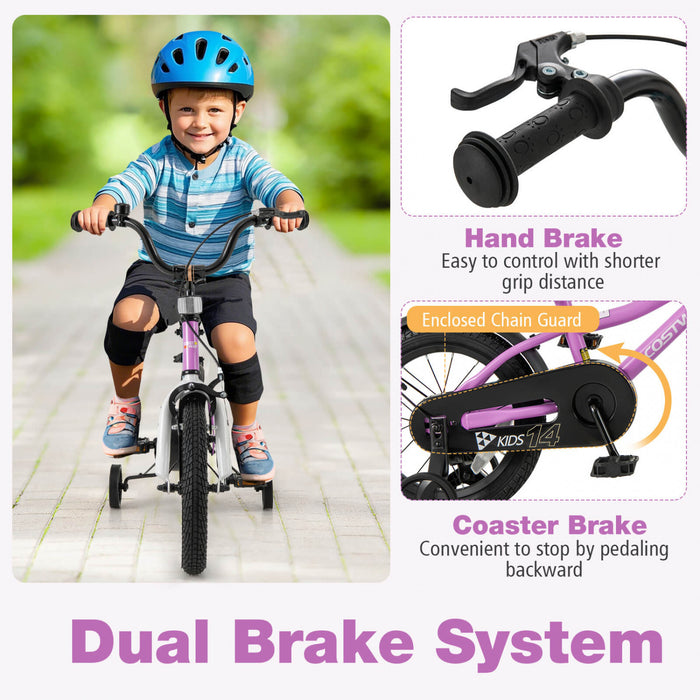Costway 14\" Kids Bike For 3-5 Years Old Boys & Girls With Adjustable Seat Handbrake Reflectors Purple
