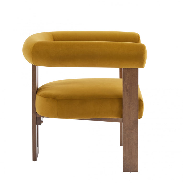 Crest Modern Upholstered Round Arm Accent Chair with Three-Leg Design, Mustard Yellow, Walnut