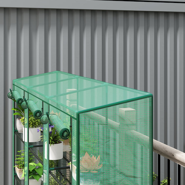 Outsunny Lean-to Mini Greenhouse W/ 3 Tier Shelves, 3 Roll-up Doors, Green
