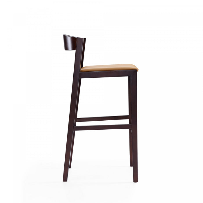 Klismos Mid-Century Modern Wood Upholstered Barstool in Camel - Set of 2