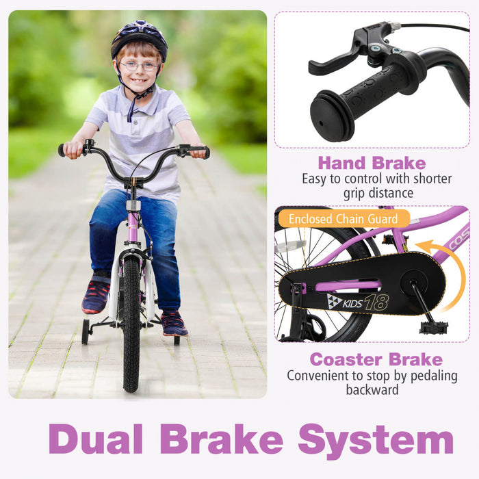 Costway 18\" Kids Bike For 4-8 Years Old Boys & Girls With Adjustable Seat Handbrake Reflectors Purple