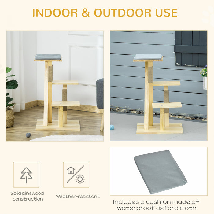 Pawhut 31\" Cat Tree Kitty Activity Center Pinewood Cat Climbing Toy Indoor Outdoor Pet Furniture With Jute Scratching Post Perch Cushion Natural