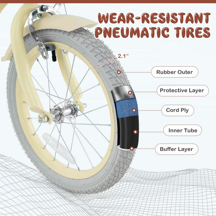 Prorider 16\" Kids Bike Toddler Adjustable Bicycle With Training Wheel For 4-7 Years Old Girl Beige