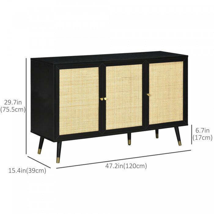 HOMCOM Boho Sideboard Buffet Cabinet with Decorative Rattan Doors, Black