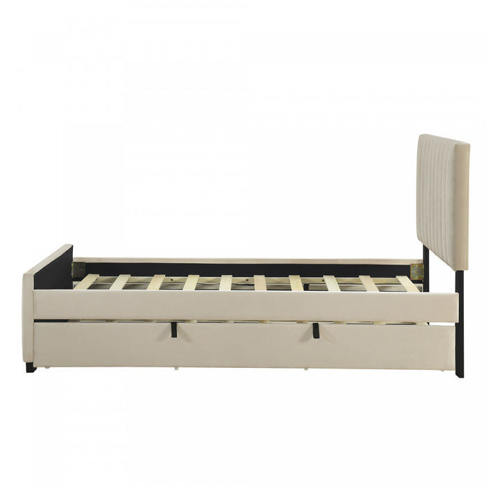 Ethan Space-Saving Velvet Upholstered Platform Bed with Trundle,Twin Size,Beige Twin Bed