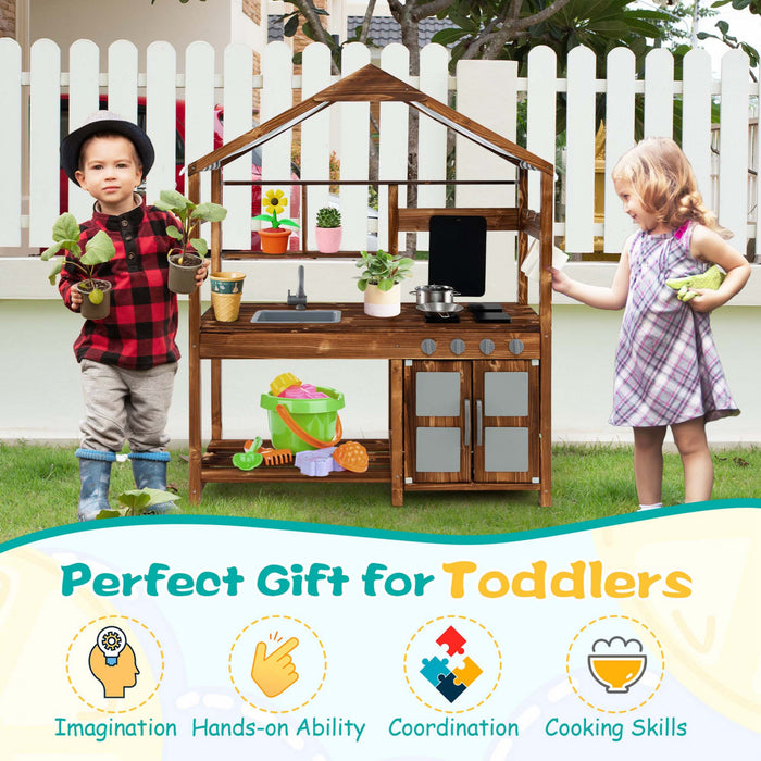 Costway Wooden Mud Kitchen With Chalkboard, Stoves, Removable Sink & Accessories Natural