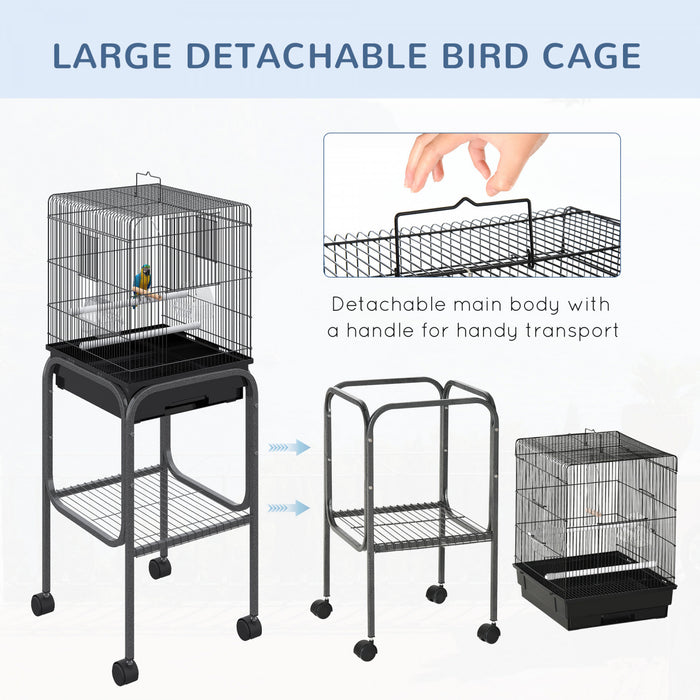 Pawhut 44.5\"h Metal Bird Cage Parrot Play Spot Stand W/ Wheel Storage Shelf Multi-doors Black