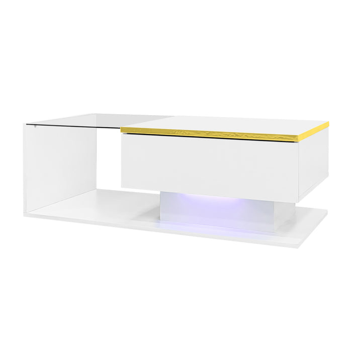 Ethan High-Gloss 35.4\" Long Coffee Table with Glass and LED Effect,White