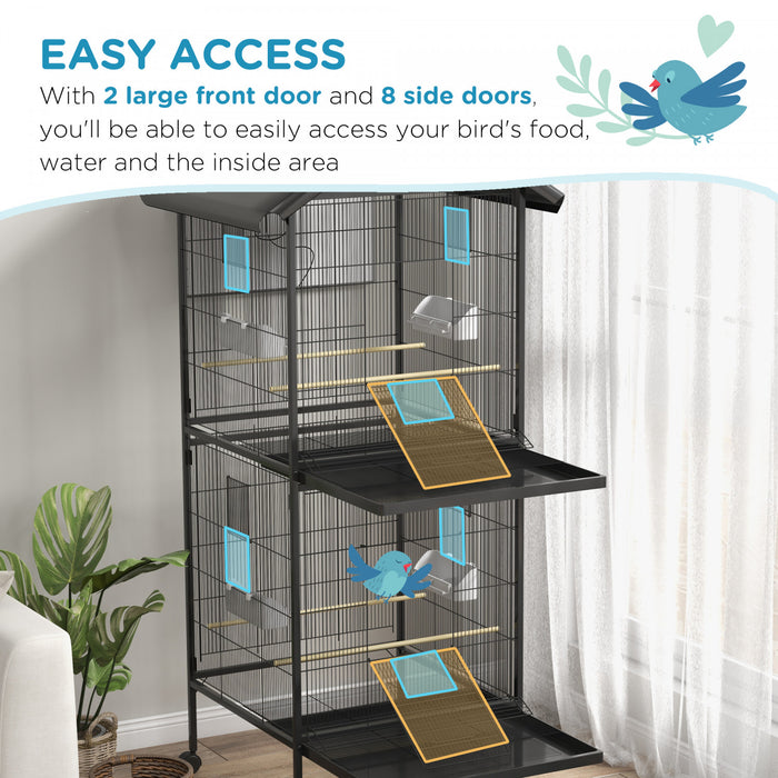 Pawhut Wrought Metal Bird Cage Feeder With Rolling Stand Perches Food Containers Doors Wheels 67\" H, Black