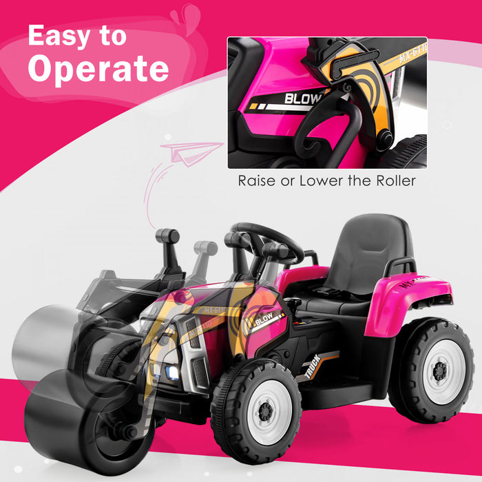 Costway Kids Ride On Road Roller 12v Electric Tractor Remote W/ Music & Led Light Pink