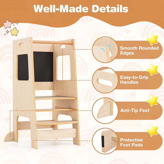 Costway Toddler Kitchen Step Stool With Activity Chalkboard Adjustable Height & Safety Rail Beige