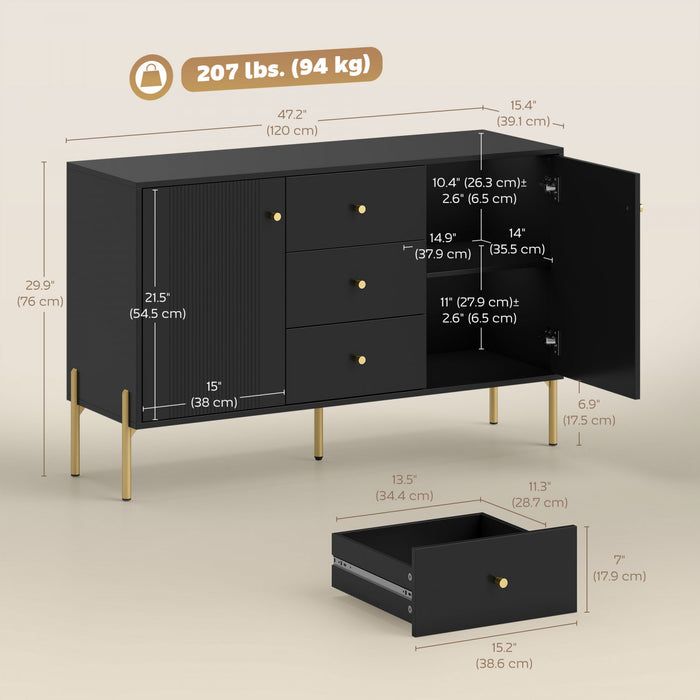 HOMCOM 47\" Buffet Cabinet with 3 Drawers and 2 Doors Modern Sideboard Black