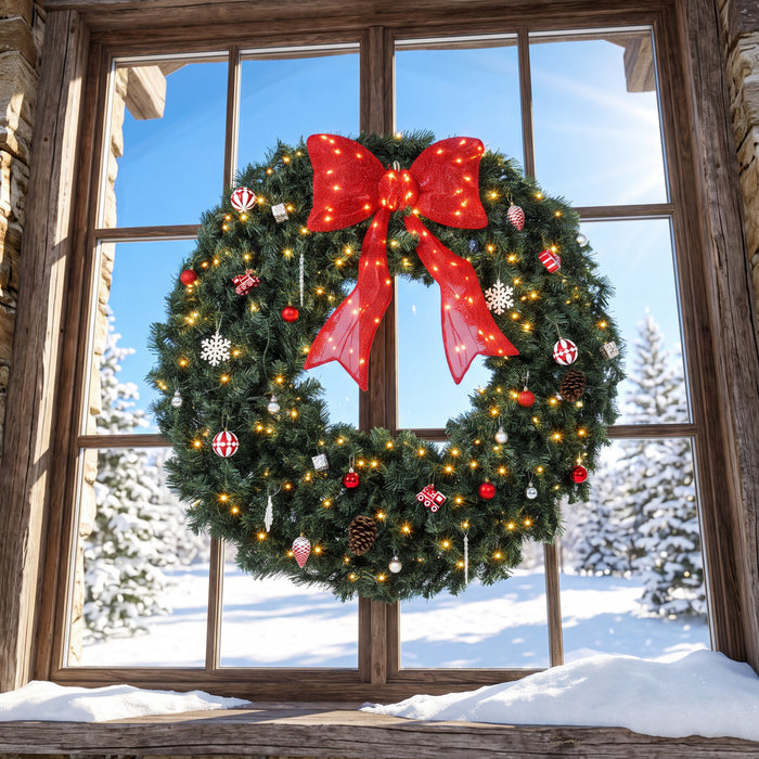 HOMCOM 48 Inch Pre-Lit Christmas Wreath, Artificial Xmas Wreath, Green