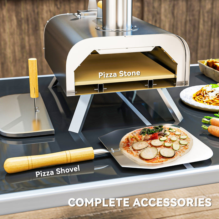 Outsunny Outdoor Pizza Oven, Portable Wood Pellet Pizza Oven with Pizza Stone and Peel, Foldable Legs, Chimney, 12 Inch Wood Fired Pizza Maker for Outdoor Cooking, Stainless Steel
