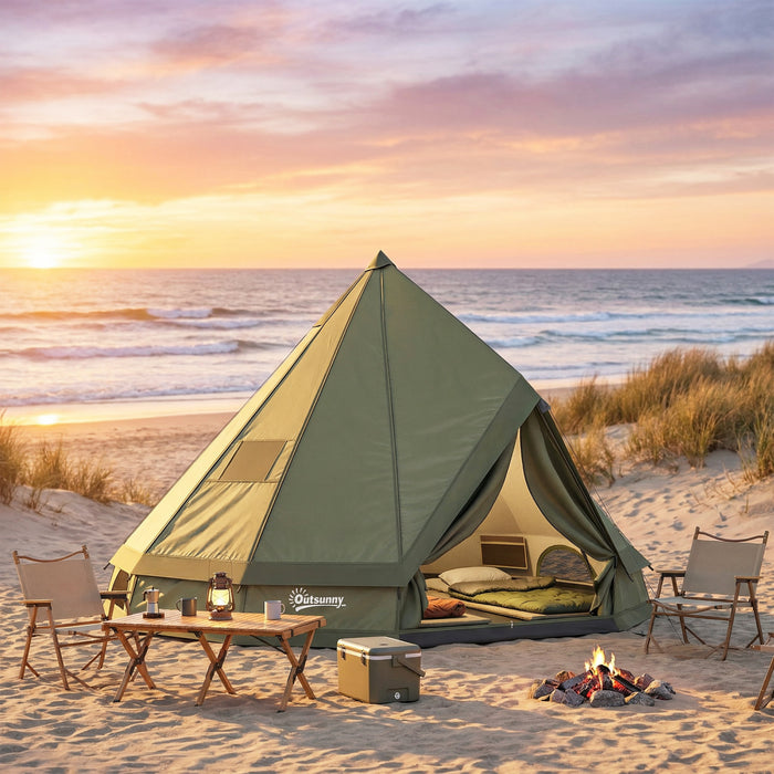 Outsunny Teepee Tent Waterproof 4-6 Person, Army Green