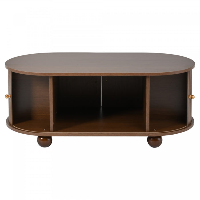 Ethan Oval Coffee Table with Sliding Doors and Hidden Storage,Dark Wood