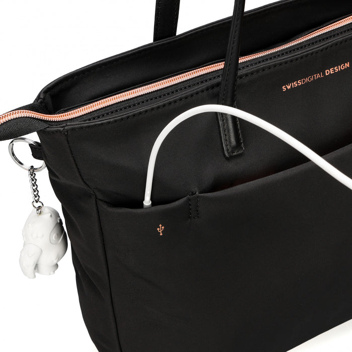 Swissdigital KATY Rose Tote Bag – 16\" Laptop, USB Charging, LED Light, RFID Protection, Water-Repellent, Multi-Pockets