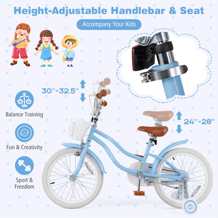 Costway 18\" Kids Bike Toddler Bicycle With Training Wheel Kickstand For 4-8 Years Blue