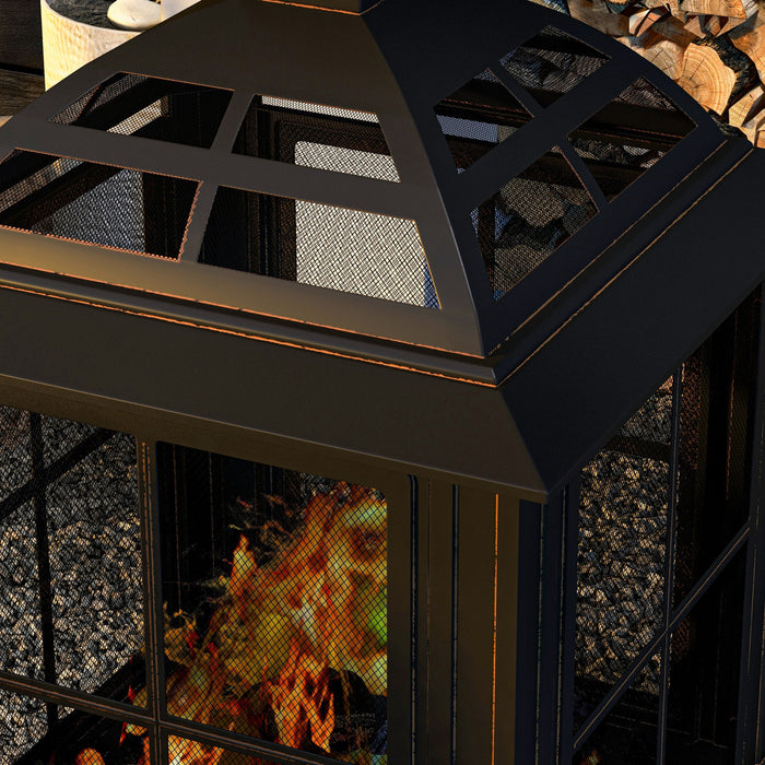 Outsunny 28\" Fire Pit With Poker, Chimney Style Wood Burning Firepit, Black