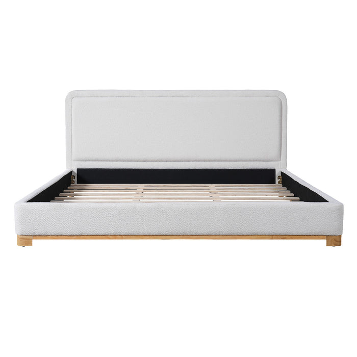 Ethan Low Profile Platform Bed Boucle with Upholstered Curved Headboard,King Size,White King Bed