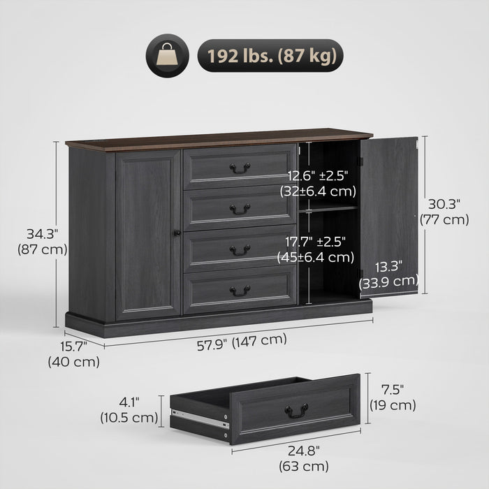 HOMCOM 58\" Sideboard Buffet Cabinet with Charging Station Black Wood Grain