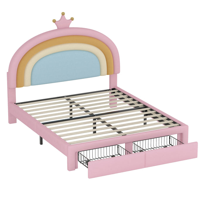Maggie Upholstered Rainbow Princess Bed With Storage Drawer And Velvet Platform Frame,full Size,pink Full Bed