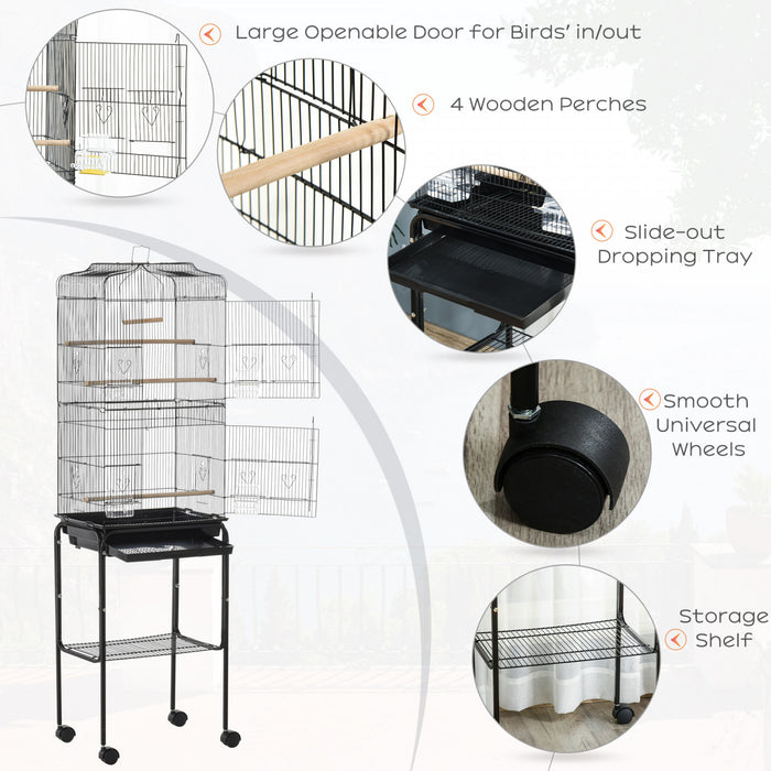 Pawhut 62\" Bird Cage Budgie Cage With Wheels, Detachable Stand, Storage, Black