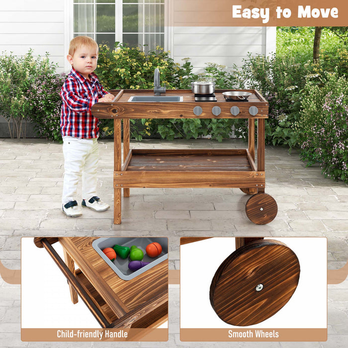Costway Kids Wooden Mud Play Kitchen Cart With Sink, 4 Stoves & Storage Shelf Natural