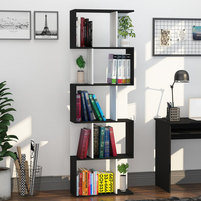 HOMCOM Geometric Bookcase, 5-Tier S Shaped Bookshelf, Black and White