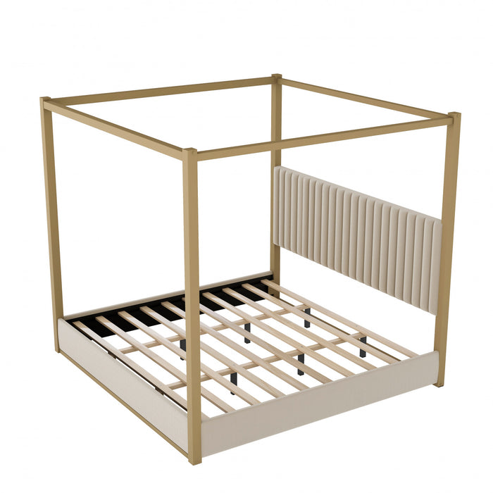 Sophia Upholstery Canopy Platform Bed with Foam Headboard and Velvet,King Size,Beige King Bed
