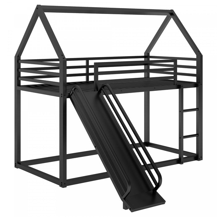 Liam House Metal Bunk Bed with Ladder and Slide, Twin Over Twin Size, Black