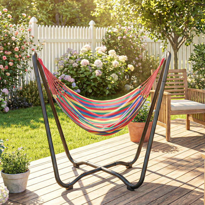 Outsunny Patio Hammock with Stand, Fabric Outdoor Hammock Bed with Stand, Muti-Colored