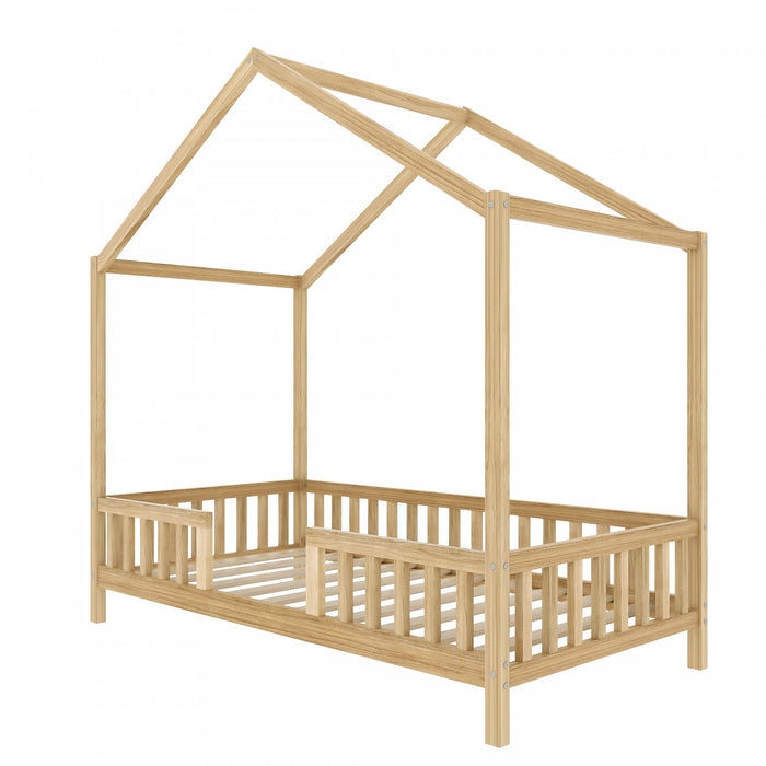 Paul Montessori Floor Bed with Canopy and High Railings,Twin Size，Natural Twin Bed