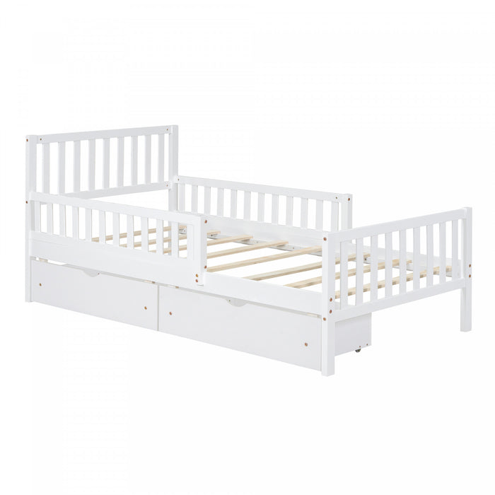 Emma Wood Platform Bed with Guardrails and Storage Drawers,Twin Size - White