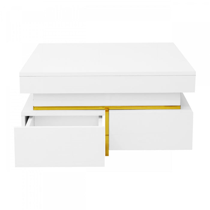 Ava High-Gloss Coffee Table with Storage Drawers and Gold Accents,White