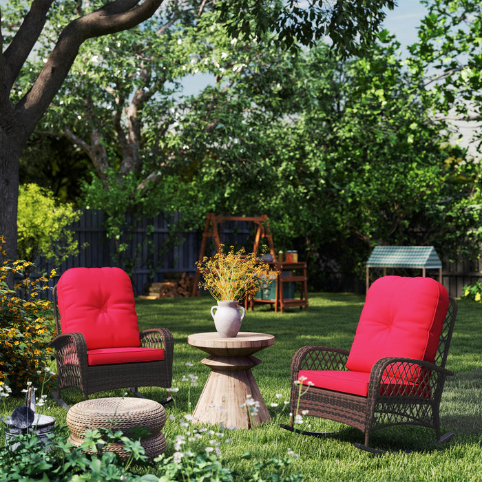 Outsunny 2 Pcs Rattan Rocking Chair With Soft Cushion For Garden, Red