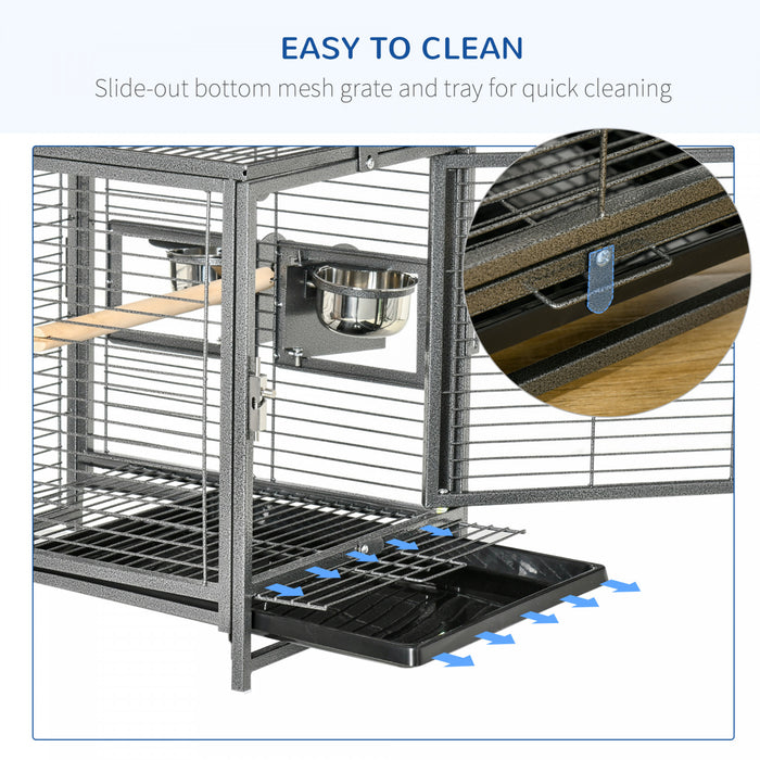 Pawhut Bird Travel Carrier Cage For Parrots Conures African Grey Cockatiel Parakeets With Stand Perch, Stainless Steel Bowls, Pull Out Tray, Black