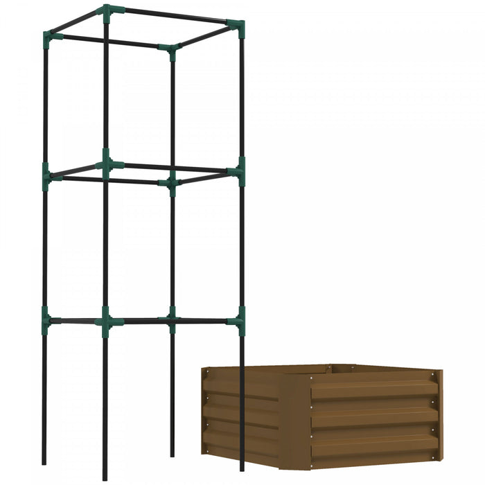 Outsunny Galvanized Raised Garden Bed With 3-tier Trellis Tomato Cage Brown