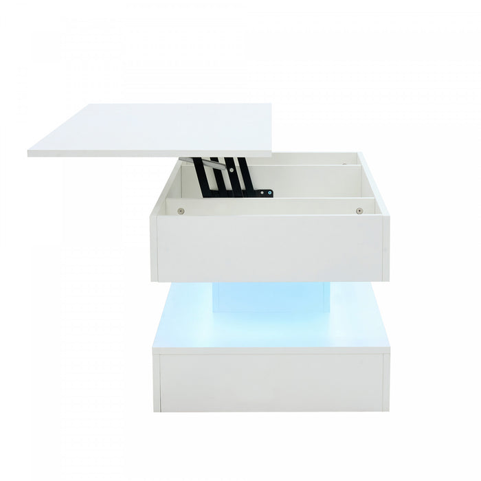 Flexi 39.9 Inch Hydraulic Lift-Top Coffee Table with LED Lighting and Hidden Storage, White