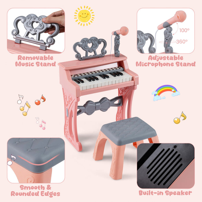 Costway 17.5in Height Mini Keyboard Piano for Kids 25 Keys Electric Piano w/Stool, Music Stand & Microphone
