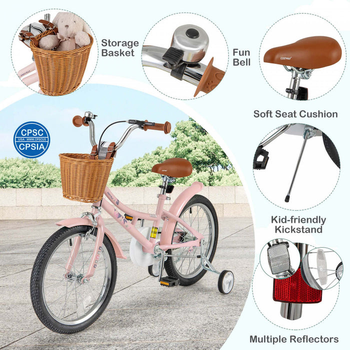 Costway 18\" Kids Bike With Height Adjustable Handlebar Seat Basket Bell Training Wheels Pink