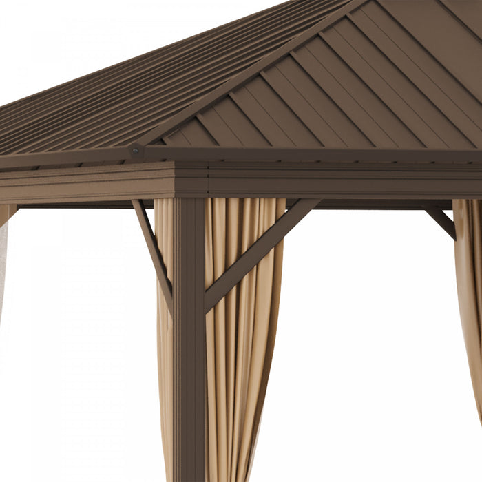 Outsunny 10' X 12' Patio Gazebo Outdoor Hardtop Gazebo With Aluminum Frame, Mesh Nettings, Curtains And Roomy Interior Space, Brown