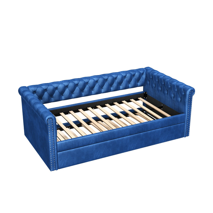 Sophia Tufted Design Upholstered Daybed with Trundle and Comfortable Backrest,Blue