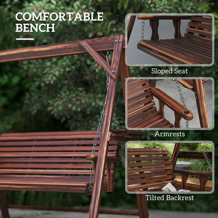 Outsunny 3 Seat Porch Swing with Stand and Side Tables, Carbonized Brown