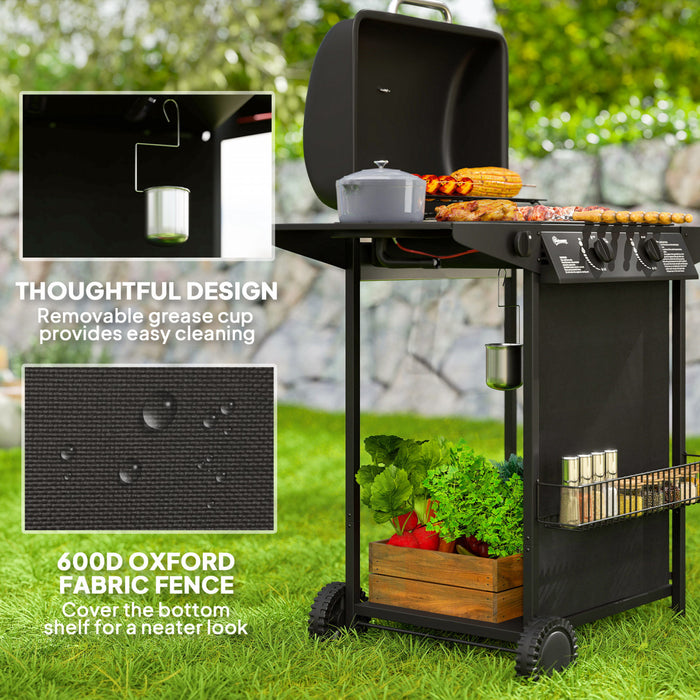 Outsunny 2+1 Burner Propane Gas BBQ Grill, Portable Gas Barbecue Grill with Side Burner, Lid, Side Table, Shelf, Spice Rack, Wheels, Grease Cup, Thermometer for Garden, Black