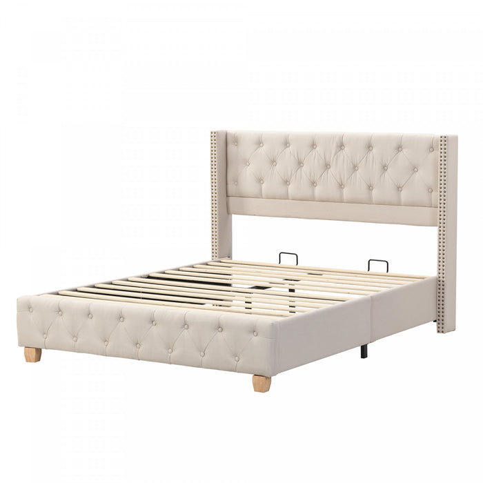 Haley Linen Upholstered Platform Bed with Classic Wingback Headboard and Diamond Tufted Upholstery,Full Size,Beige Full Bed
