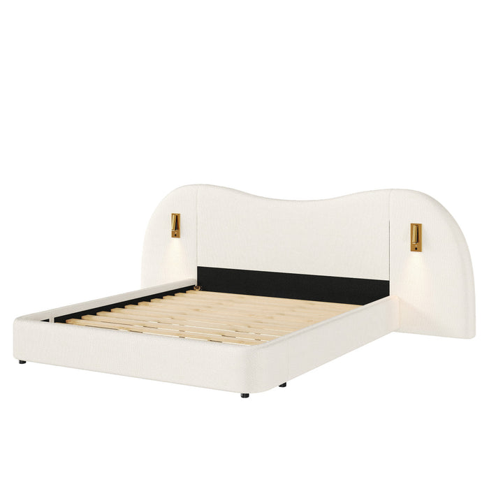 Garcia Cloud-Shaped Boucle Upholstered Bed with Built-In Reading Lights and USB Ports,King Size,White King Bed